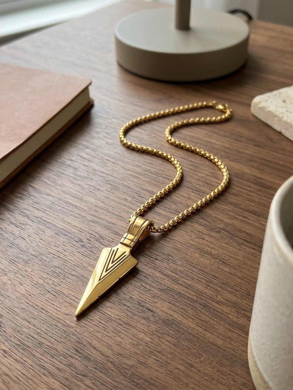 Mens Spear Arrowhead Necklace Gold Tone Stainless Steel Spike Pendant Chain